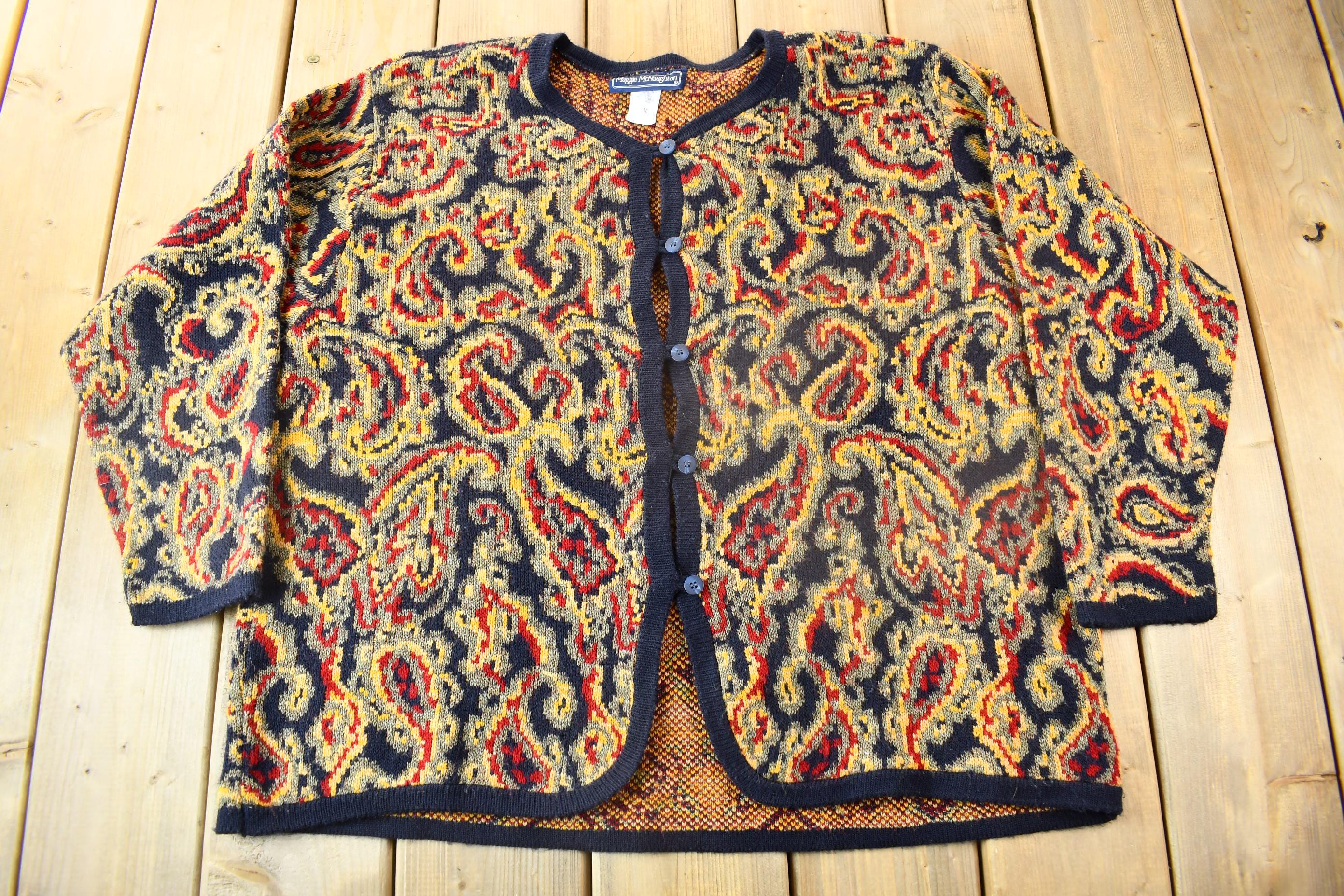 Vintage 1990s Maggie McNaughton Paisley Embroidered Knit Cardigan Sweater