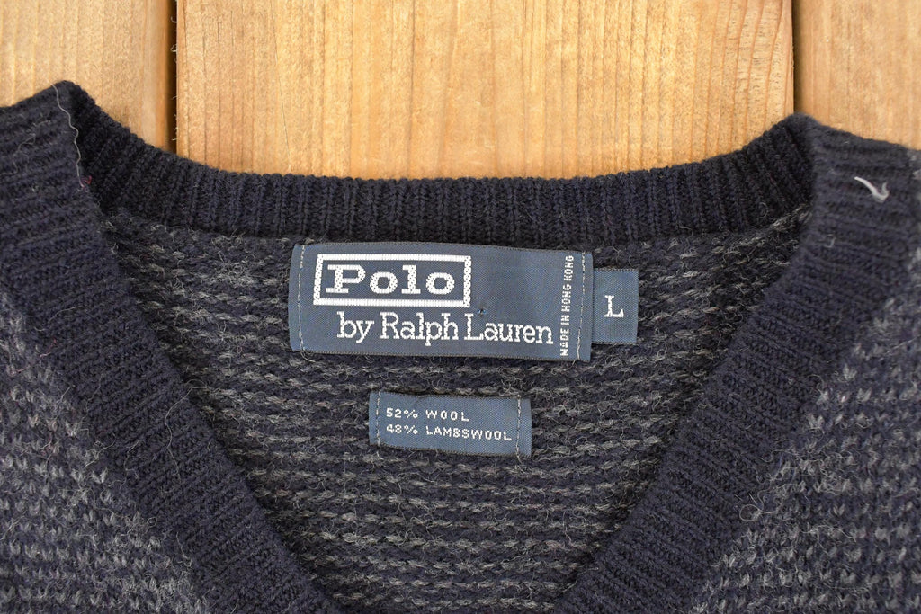 Vintage 1990s Polo By Ralph Lauren Abstract Wool Knit V Neck Sweater Vest Mens L