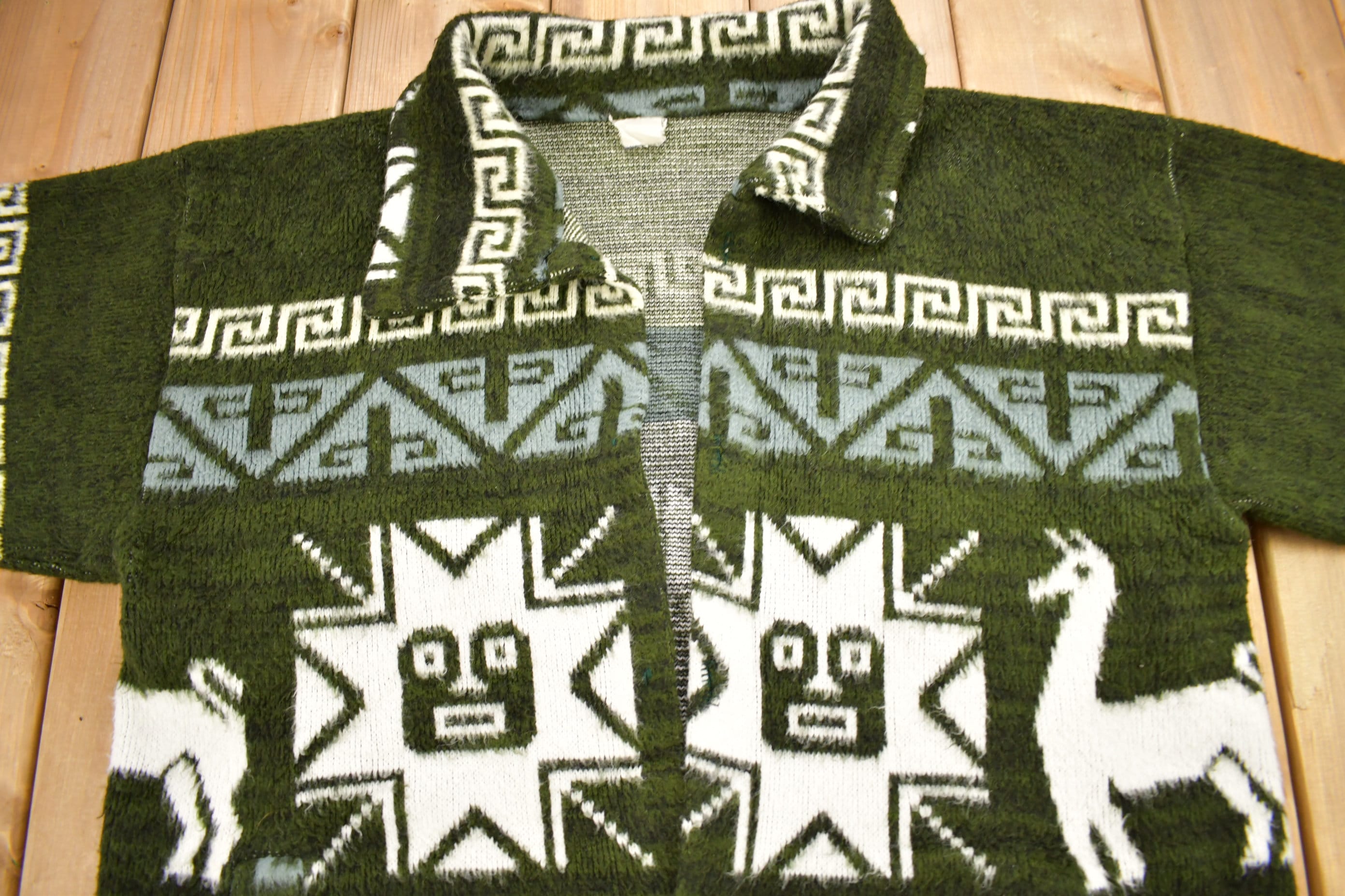 Vintage 1990s Animal Theme Aztec Pattern Knitted Button Up Sweater