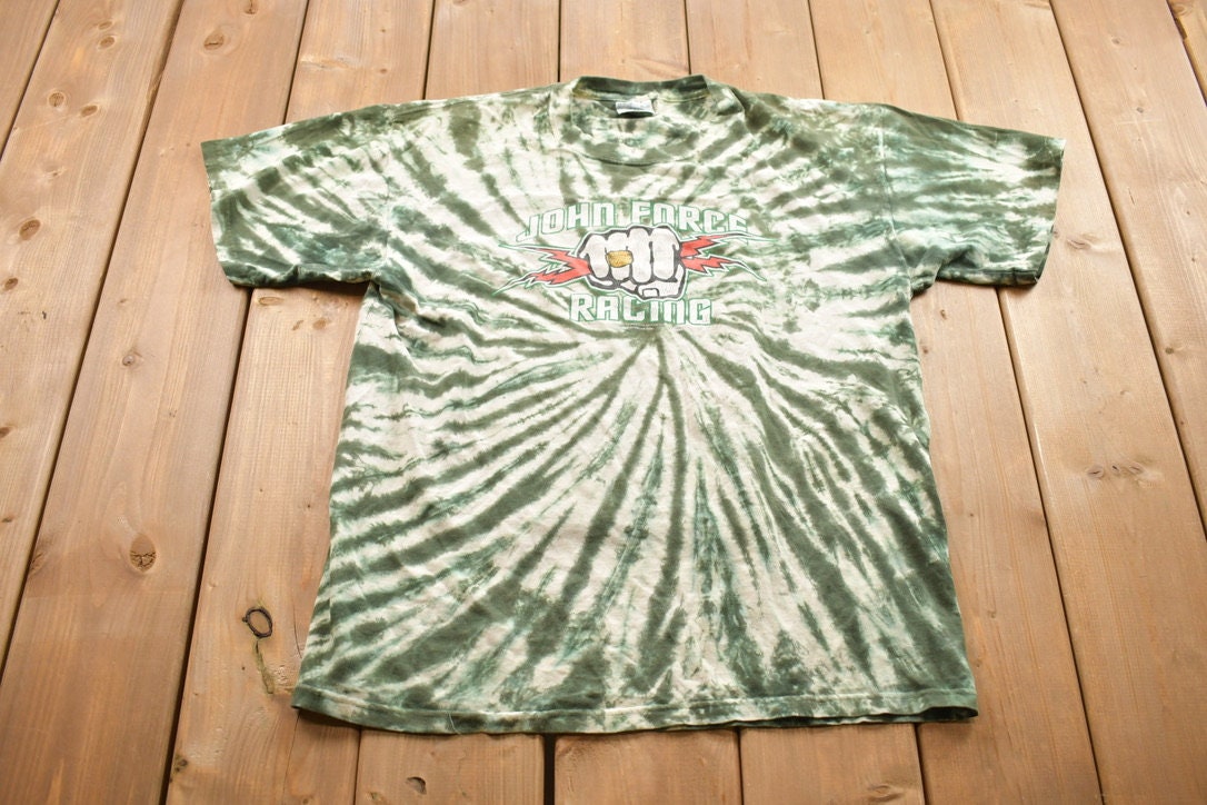 Vintage 1990s John Force Racing Tie Dye Lighting Fist Graphic T-Shirt