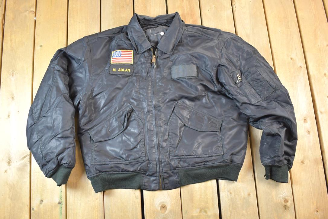 Vintage Military Patch Collared Bomber Full Zip Up Army Jacket
