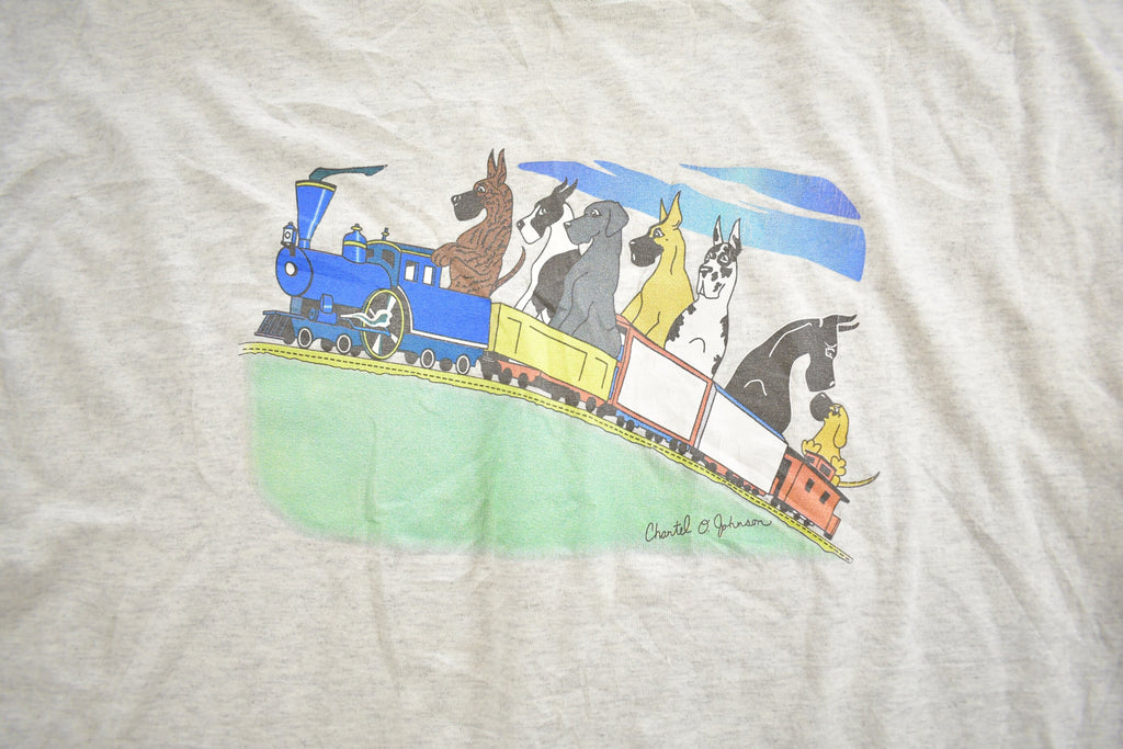 Vintage 1990s Cartoon Dogs On Train Stitch Graphic T-Shirt Made In USA