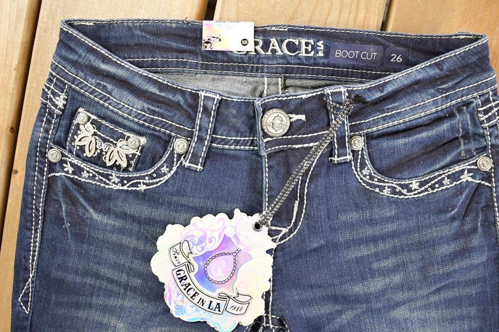 Vintage Deadstock Y2K Grace In LA Bedazzled Bootcut Low Rise Jeans Women's Size 26 x 30