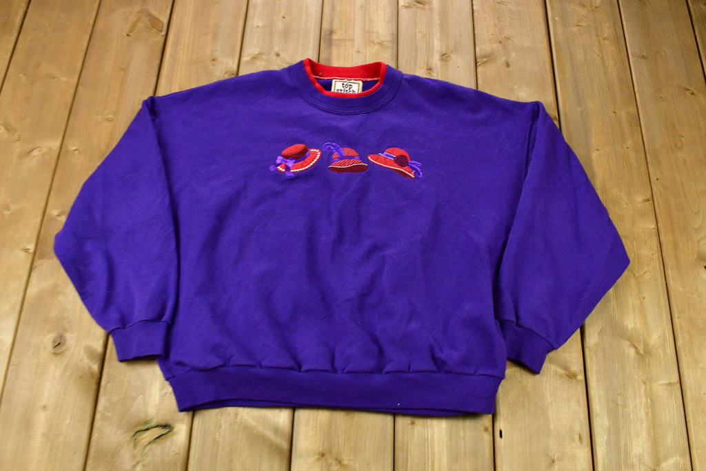 Vintage 1990s Embroidered Cute Hat Graphic Crewneck  90s Crewneck  Grandma Sweater  American Streetwear  Top Stitch Petite