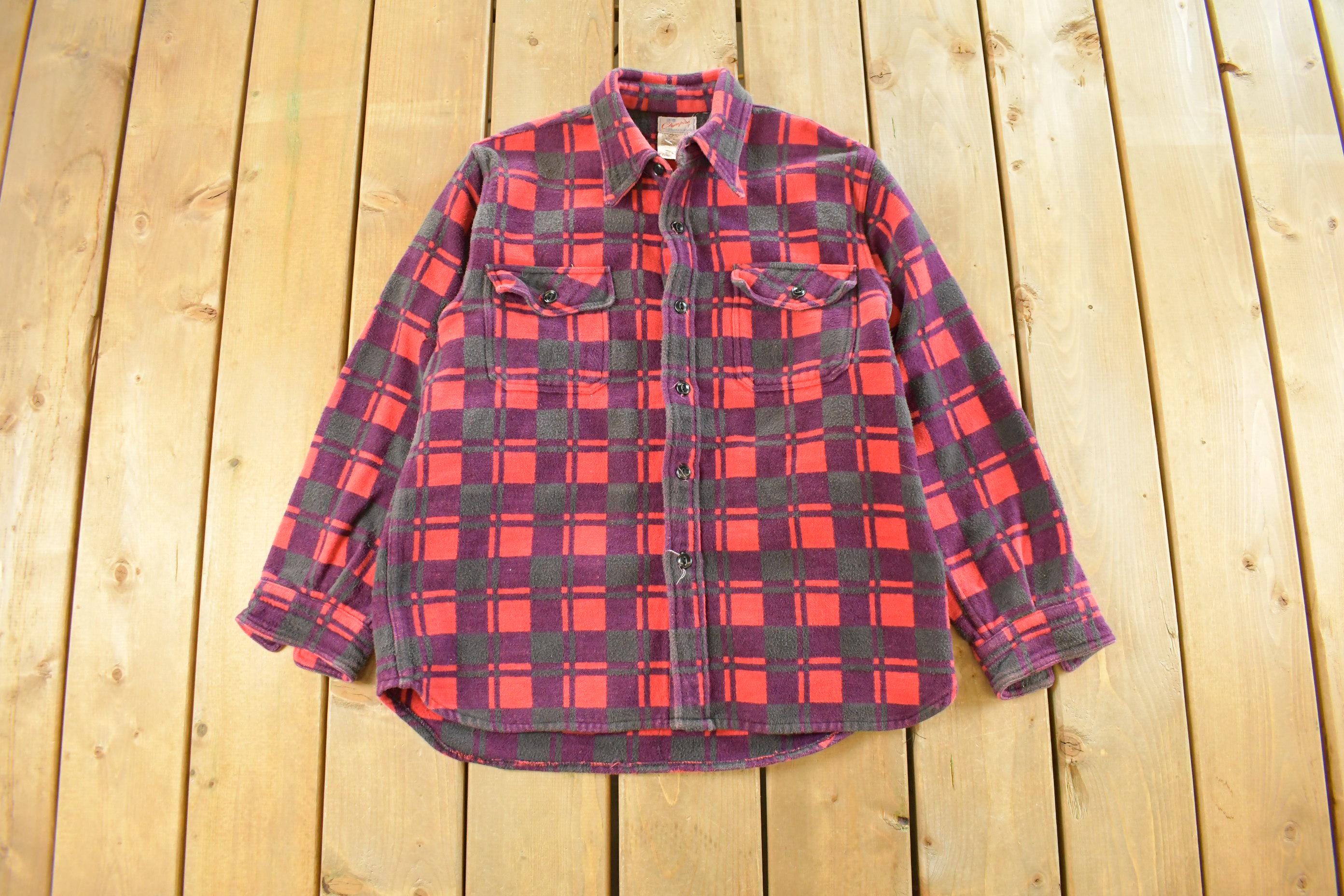 Vintage 1960s Champion Button Up Plaid Flannel Trucker Shirt Men's Small
