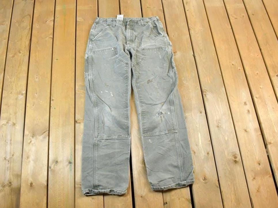 Vintage 1990s Carhartt Double Knee Light Olive Riveted Work Pants Size 33 x 36