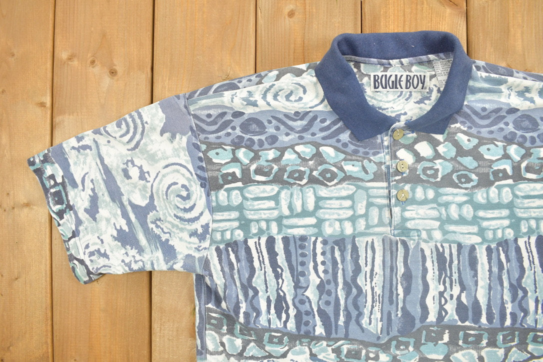 Vintage 1990s Bugle Boy Beach All Over Print Collared Polo Shirt