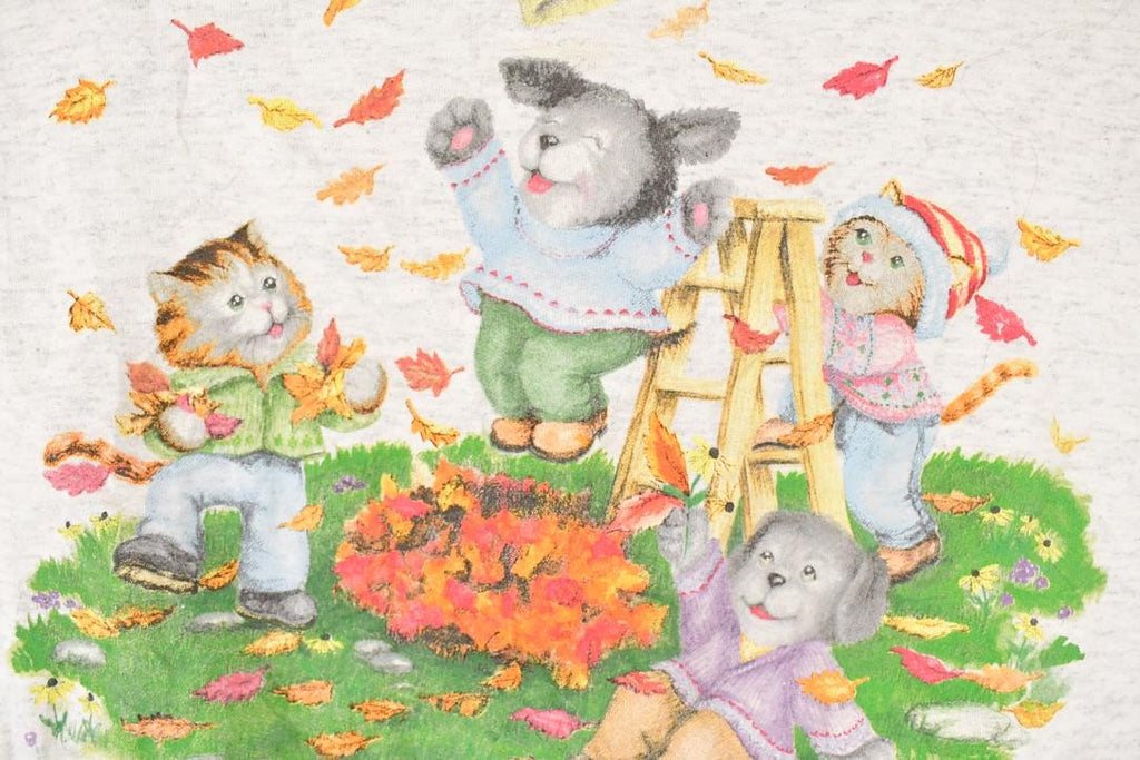 Vintage 1990s Cute Fall Cartoon Puppy Double Collar Graphic Print Crewneck Sweatshirt Womens L
