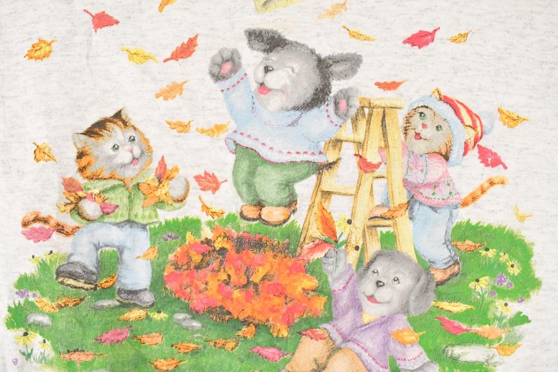 Vintage 1990s Cute Fall Cartoon Puppy Double Collar Graphic Print Crewneck Sweatshirt Womens L