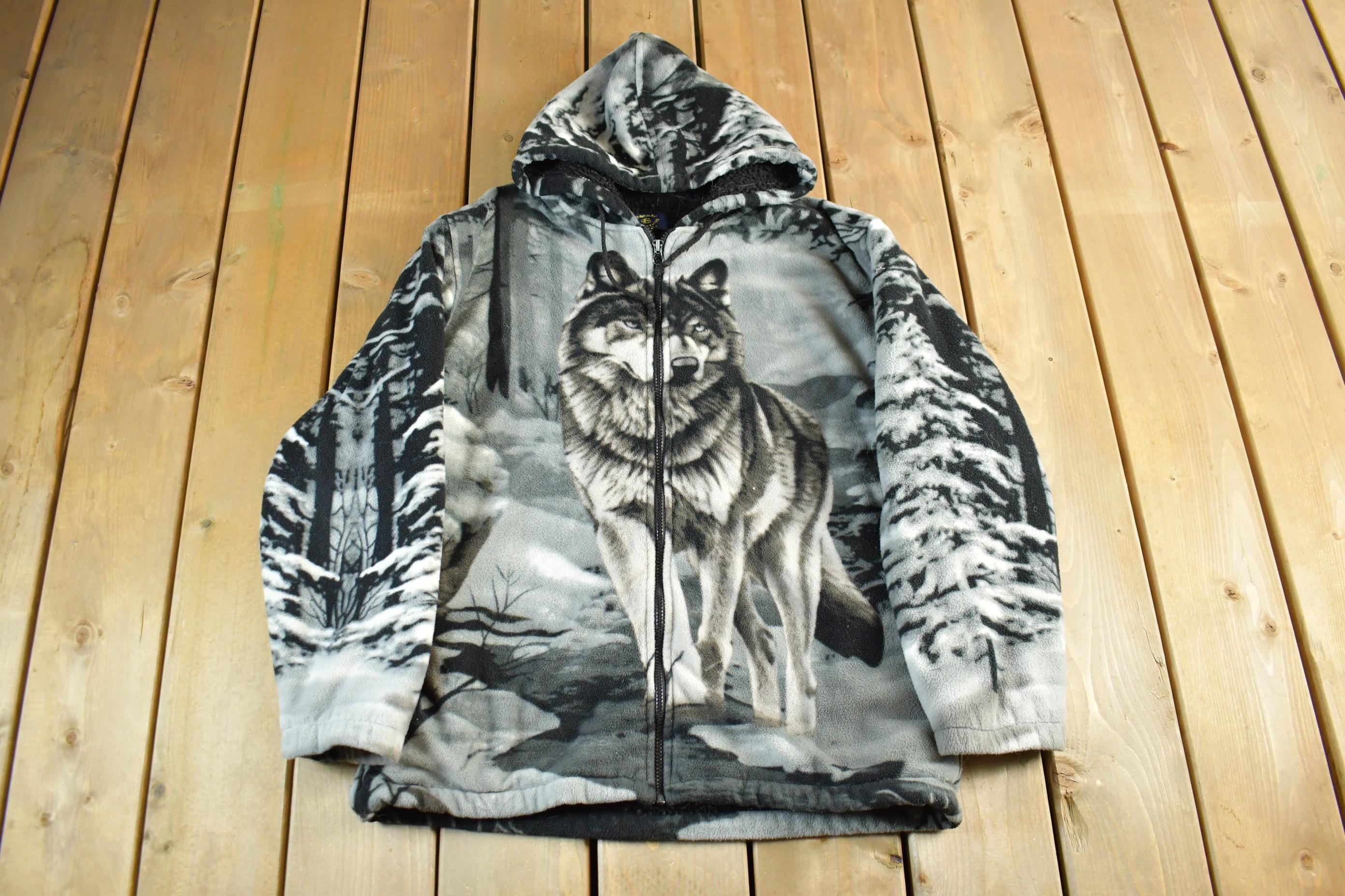 Vintage 1990s Winter Wolf Theme Fleece Sweater Jacket Men's Medium