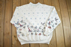 Vintage 1990s Cute Grandma Style Bird Print Crewneck Sweater Made In USA