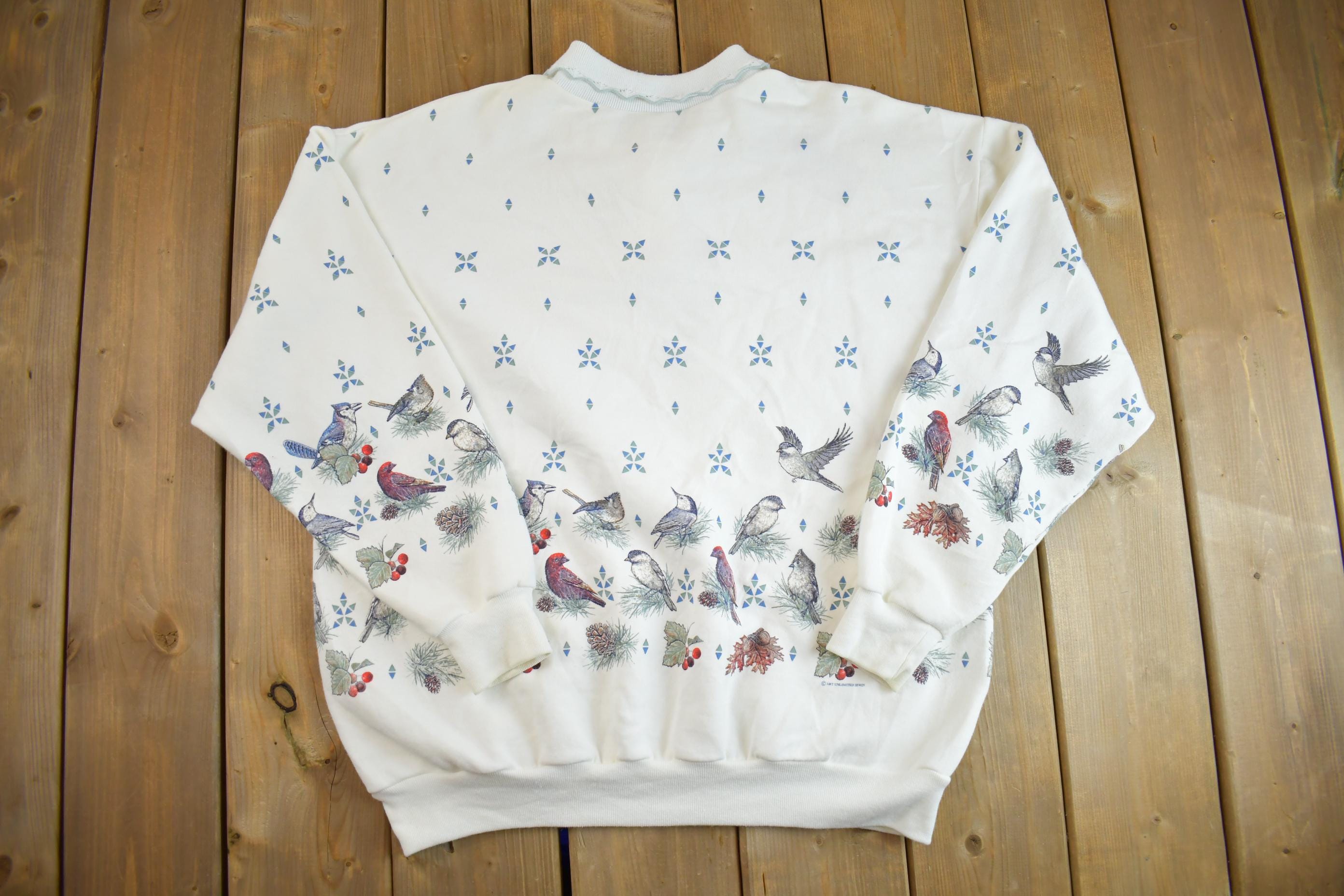 Vintage 1990s Cute Grandma Style Bird Print Crewneck Sweater Made In USA