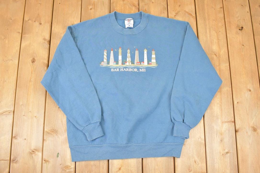 Vintage 1990s Bar Harbour ME Lighthouses Graphic Print Crewneck Sweatshirt Mens L / Made In USA / 90's Destination Sweater