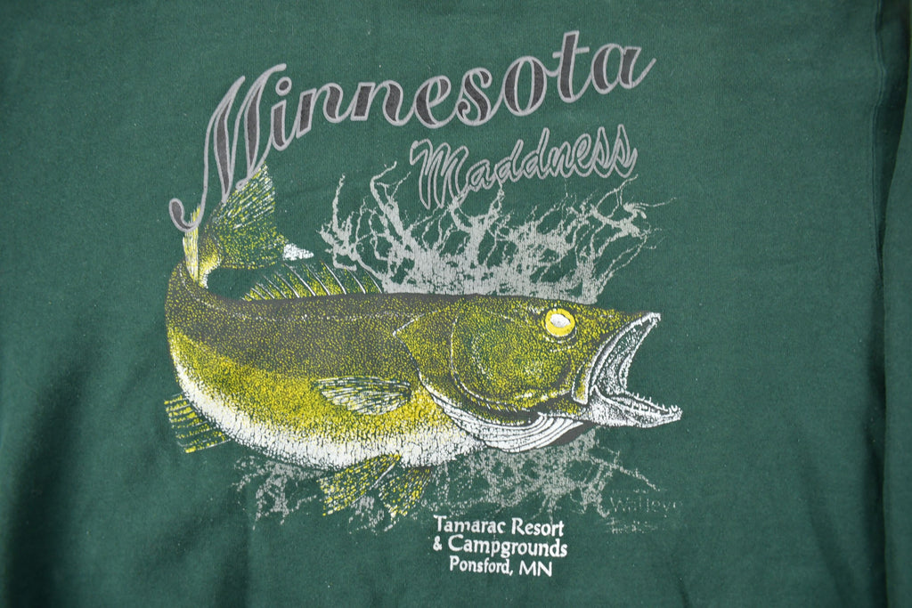 Vintage 1990s Minnesota Madness Walleye Fishing Graphic Crewneck Sweatshirt Made In USA