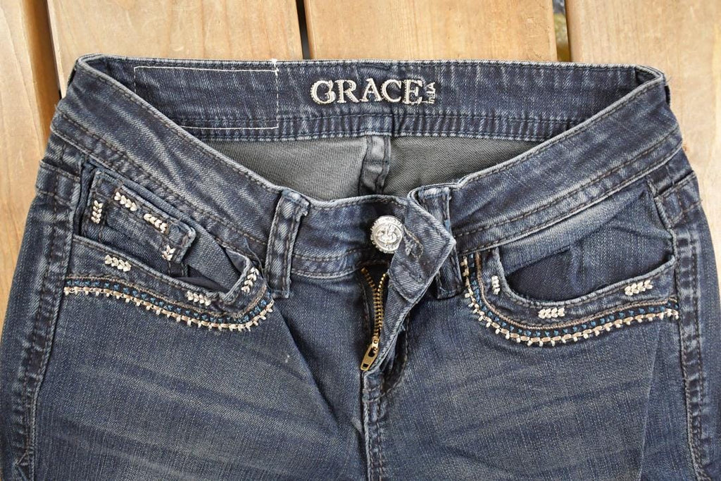 Vintage Deadstock Y2K Grace In LA Embroidered Mandala Bootcut Low Rise Skinny Jeans Women's Size 27 x 32