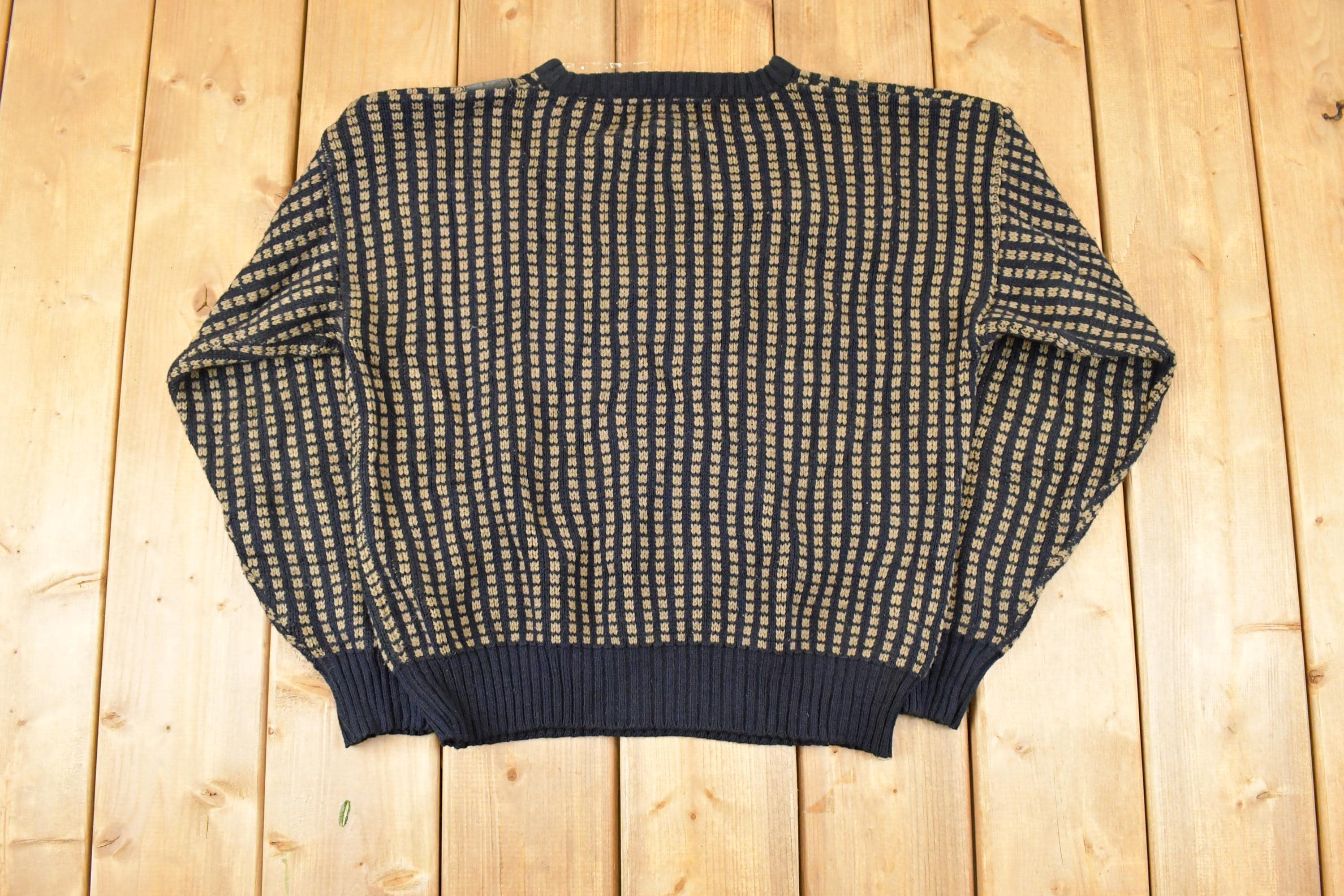 Vintage 1980s Desonos Leatherette Patch Abstract Knit Crewneck Sweater Mens M
