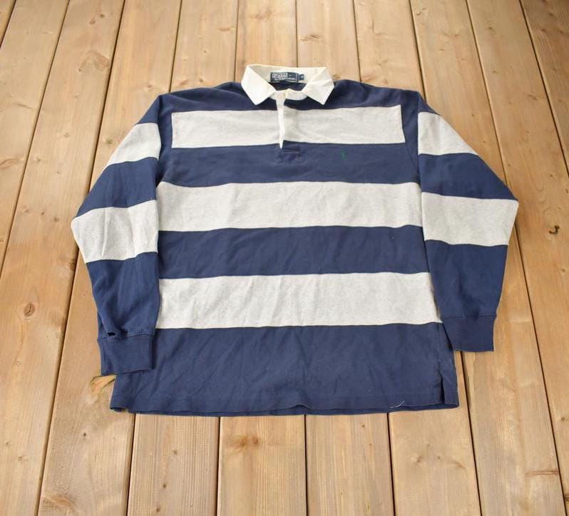 Vintage 1990s Polo By Ralph Lauren Embroidered Small Pony Striped Rugby Sweater Size M