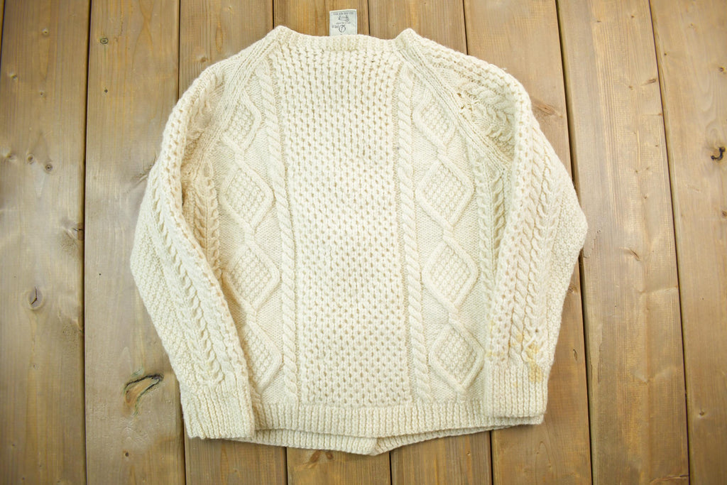 Vintage 1980s Tan Wool Cable Knit Crewneck Sweater Aran Island