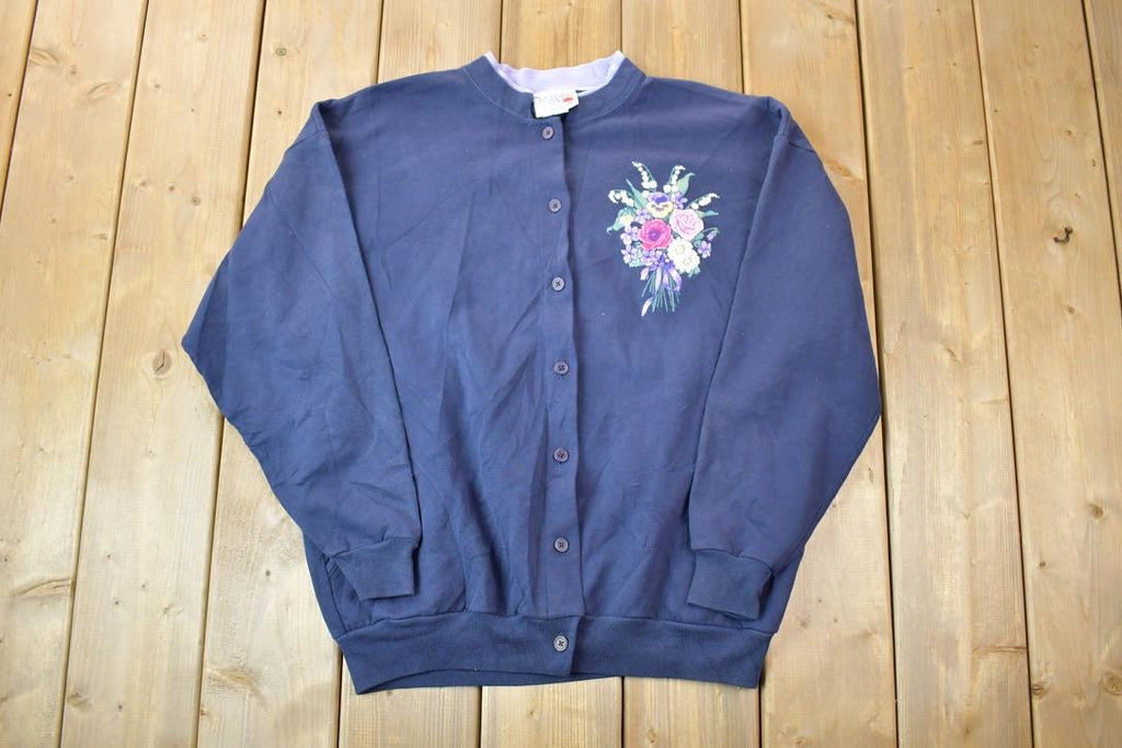 Vintage 1990s Morning Sun Cute Floral Design Double Collar Button Up Crewneck Sweater
