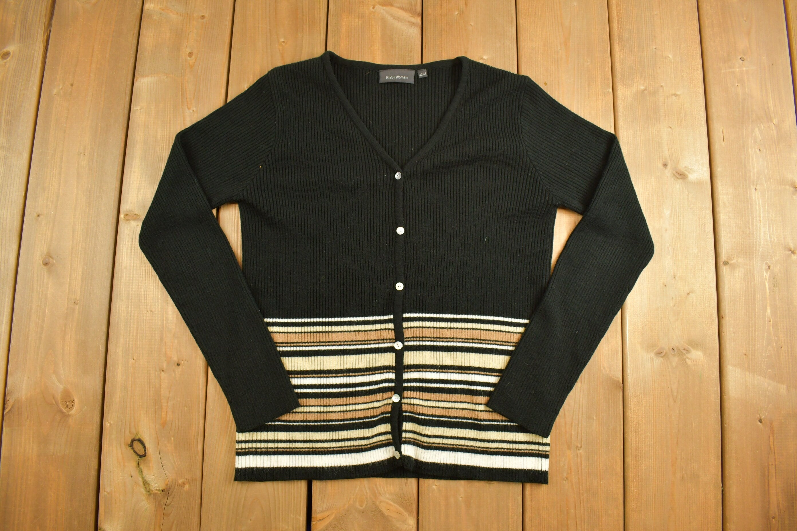 Vintage y2k Womens Black Stripy Knitted Cardigan Sweater