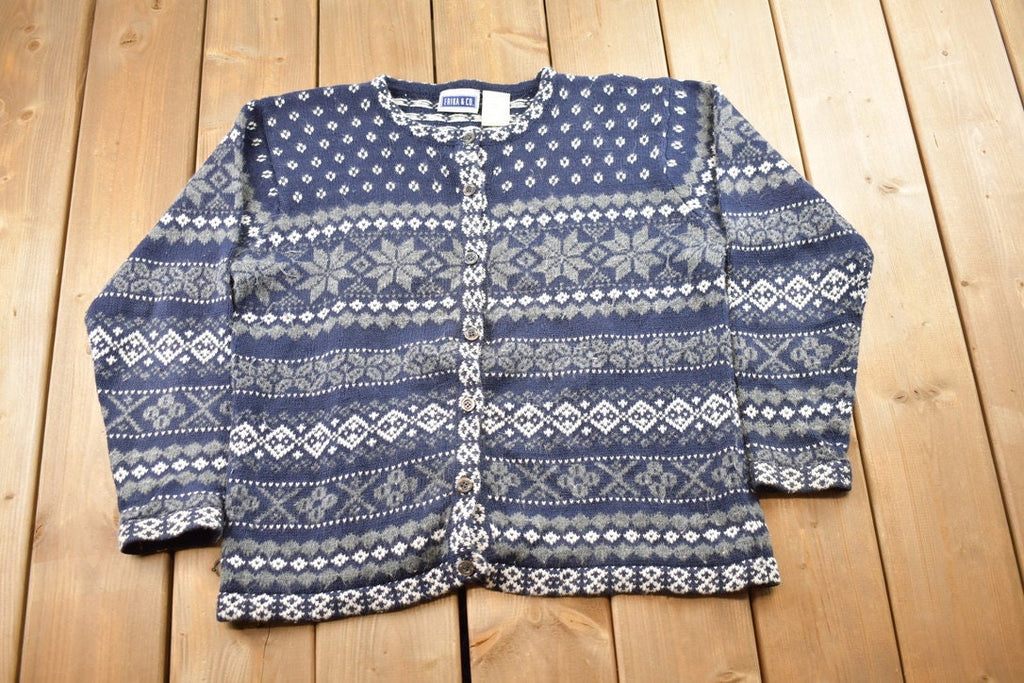 Vintage 1990s Erika & Co Knitted Cardigan Sweater  Vintage Cardigan  Button Up  Striped  Embroidered  Snowflake Theme  Winter Knit