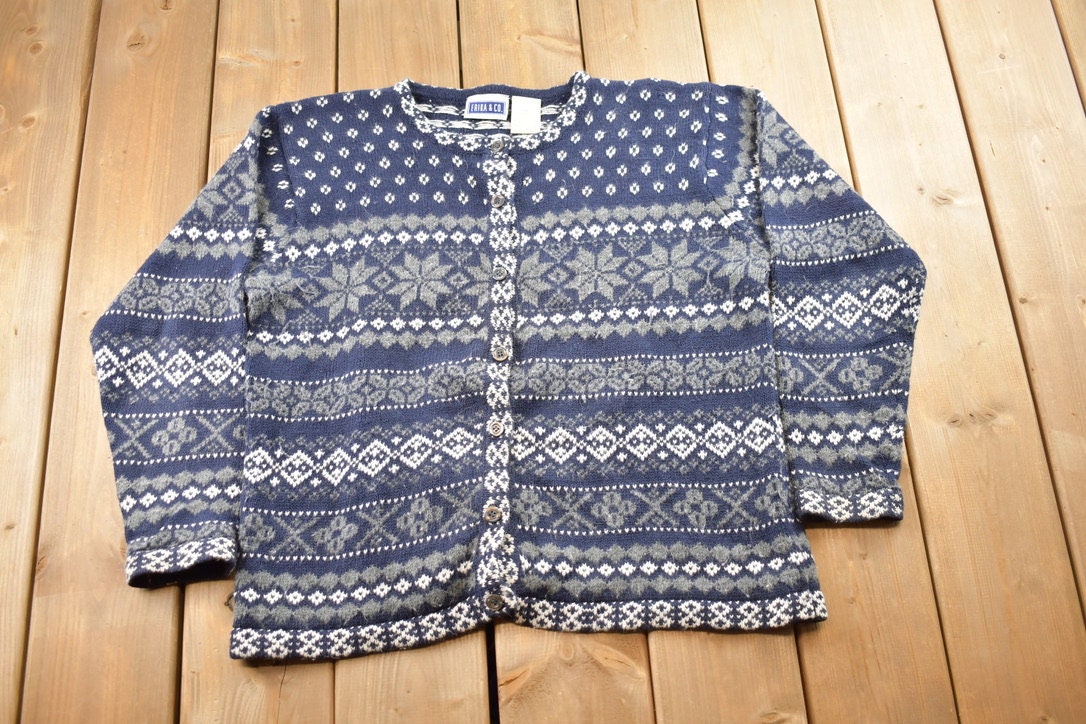Vintage 1990s Erika & Co Knitted Cardigan Sweater  Vintage Cardigan  Button Up  Striped  Embroidered  Snowflake Theme  Winter Knit