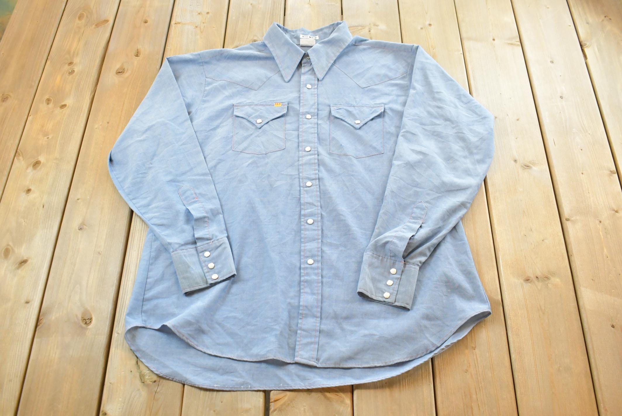 Vintage 1980s Ely Plains Chambray Button Up Shirt Men's XL /