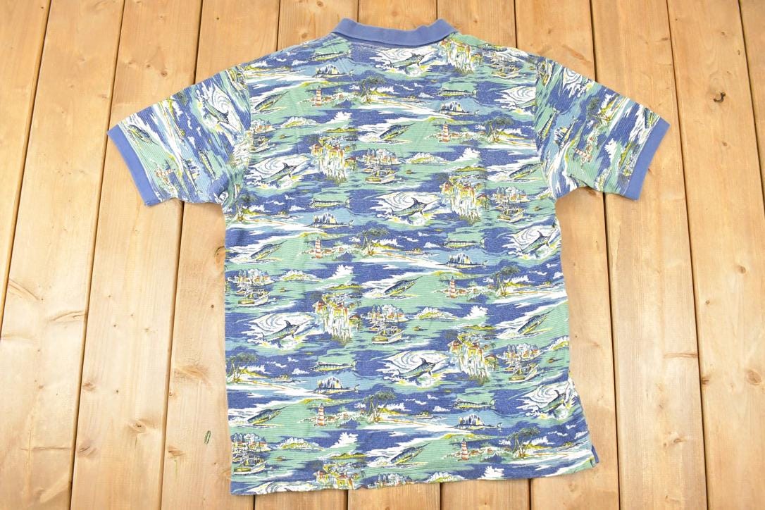 Vintage 1990s Ocean Pacific Sport AOP Boats Button Up Shirt Men's L