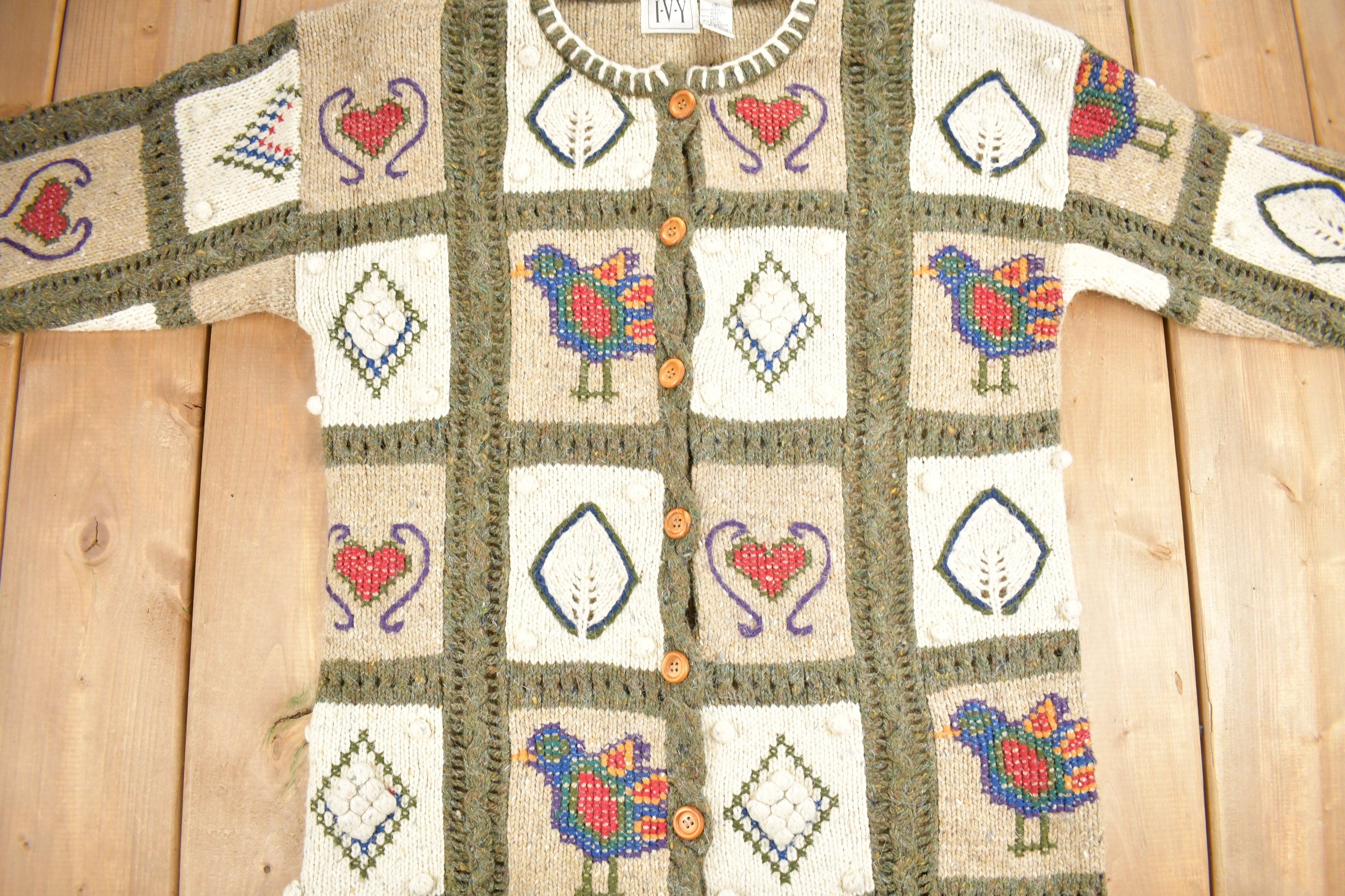 Vintage 1990s IVY Embroidered Knit Cardigan Sweater  Vintage Cardigan  Button Up  Abstract Pattern