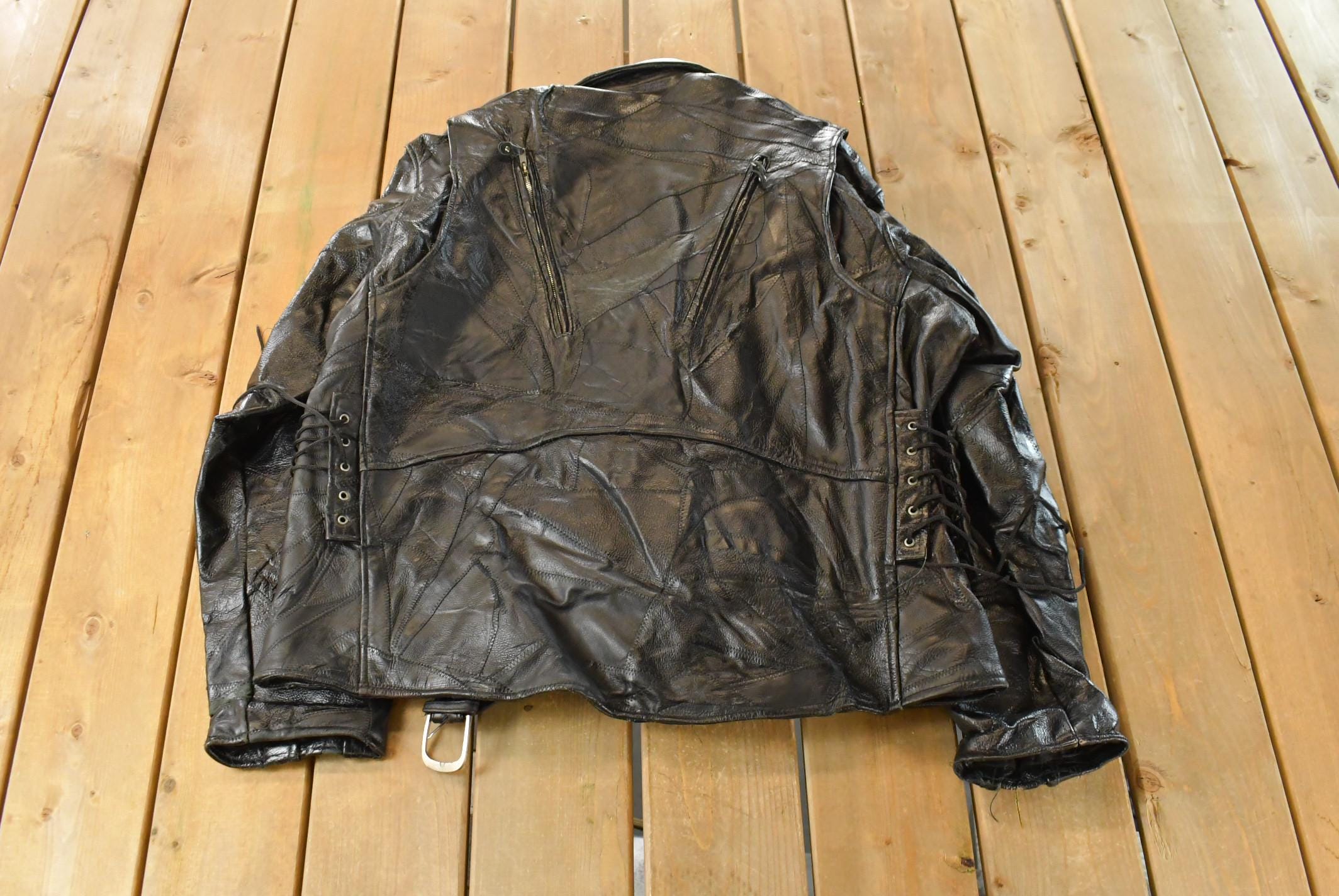 Vintage 1980s Diamond Plate Buffalo Leather Biker Motorcycle Jacket Men's 2XL