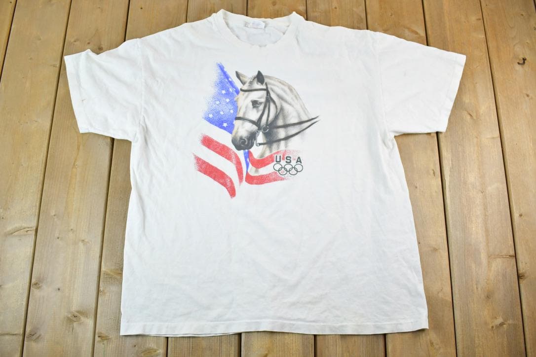 Vintage 1990s USA Olympic Horse Souvenir Single Stitch Graphic Print T-Shirt Made In USA