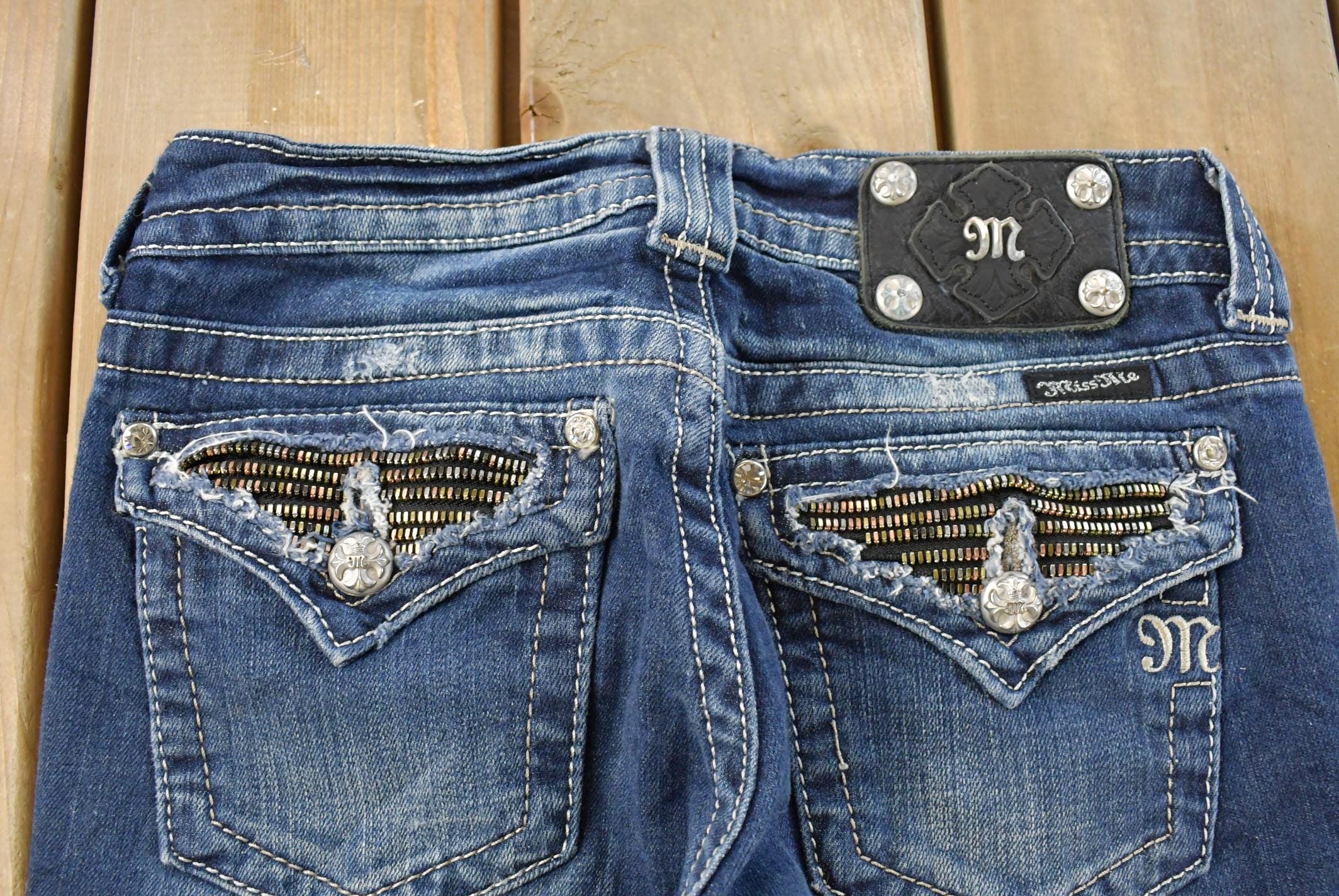 Vintage Y2K Miss Me Bedazzled Low Rise Jeans Women's 27 x 33 / Boot Cut Jeans / Y2K Style / Embroidered Jeans / 2000s / Contrast Stitching