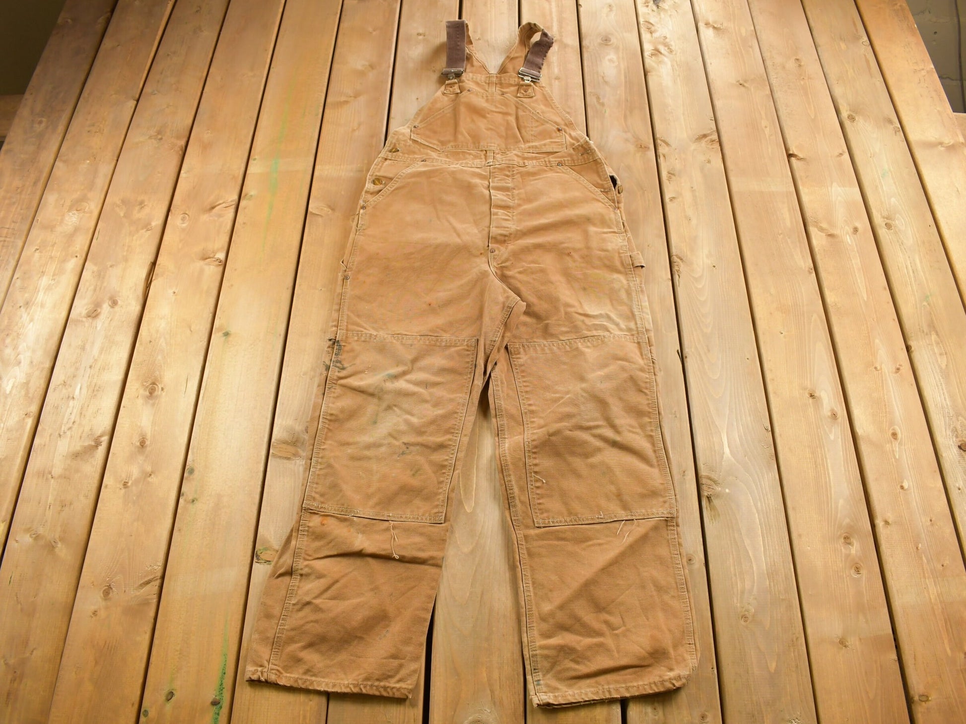 Vintage 1980s Carhartt Beige Canvas Double Knee Overalls Size 40 x 26