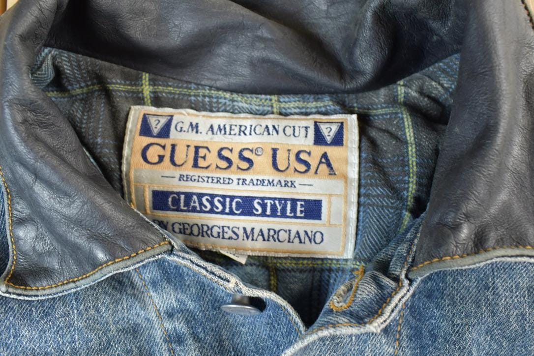 Vintage 1990s Guess USA Lined Leather Collar Jean Jacket Made In USA