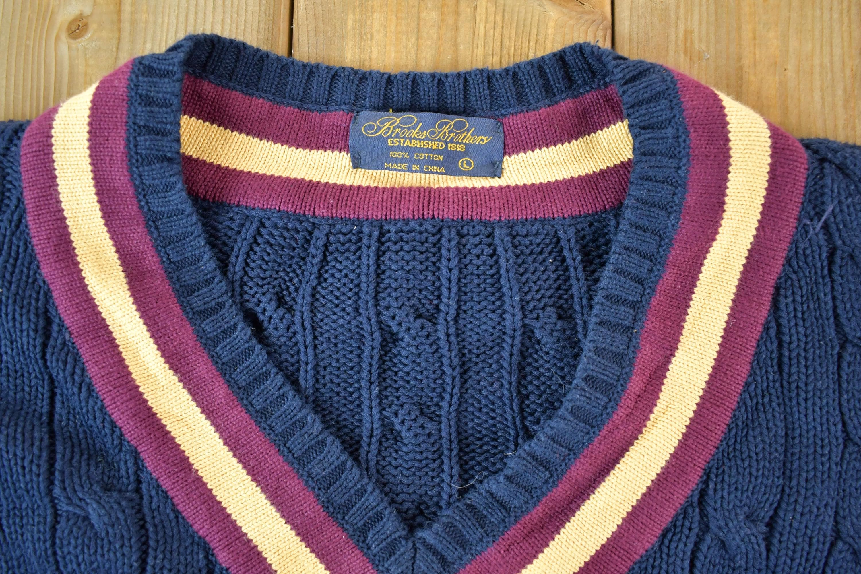 Vintage 1990s Brooks Brothers Preppy V Neck 3D Colored Cable Knit Sweater
