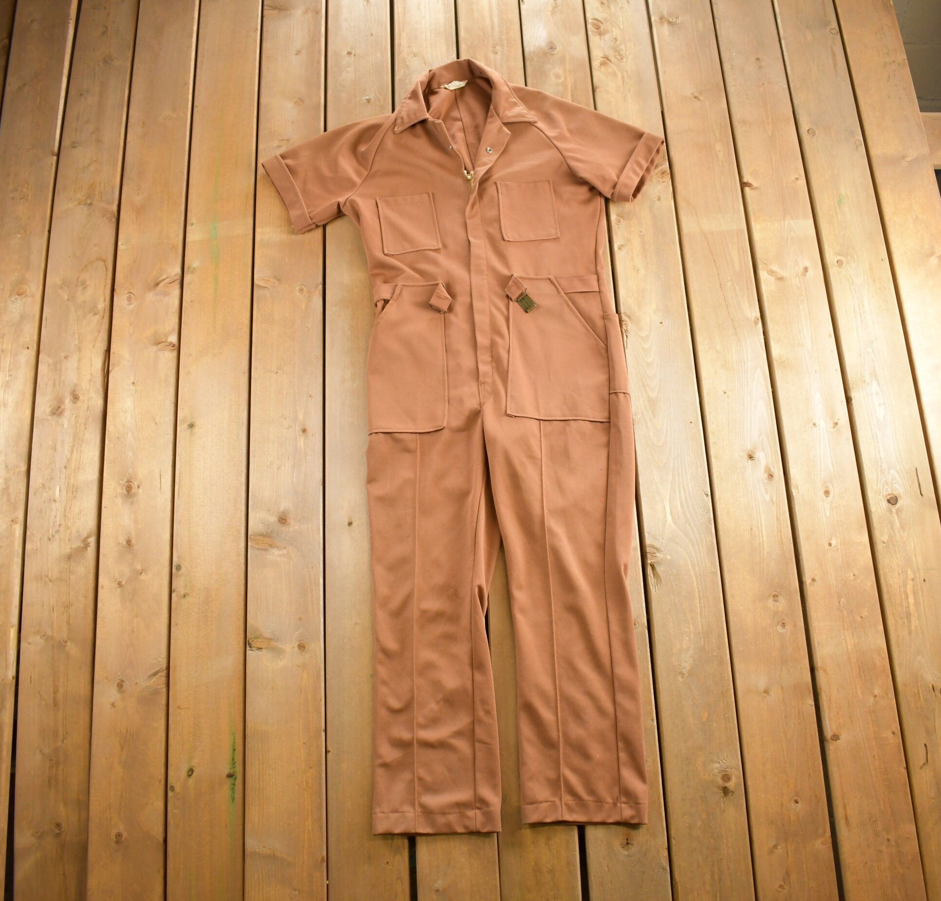 Vintage 1970s Womens Tan Cotton Jumpsuit Size 34x28