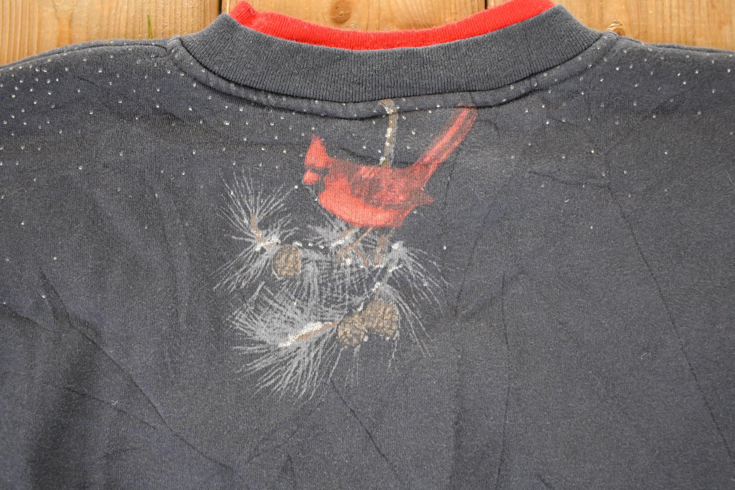 Vintage 1990s Artisans Winter Cardinal AOP Double Collar Button Up Crewneck Sweatshirt Women's L