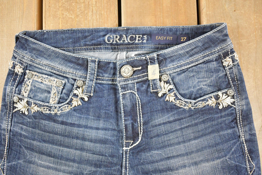 Vintage Deadstock Y2K Grace In LA Bedazzled Low Rise Jeans Women's Size 27 x 32 / Bootcut Jeans / 2000's Embroidered Contrast Stitched Denim