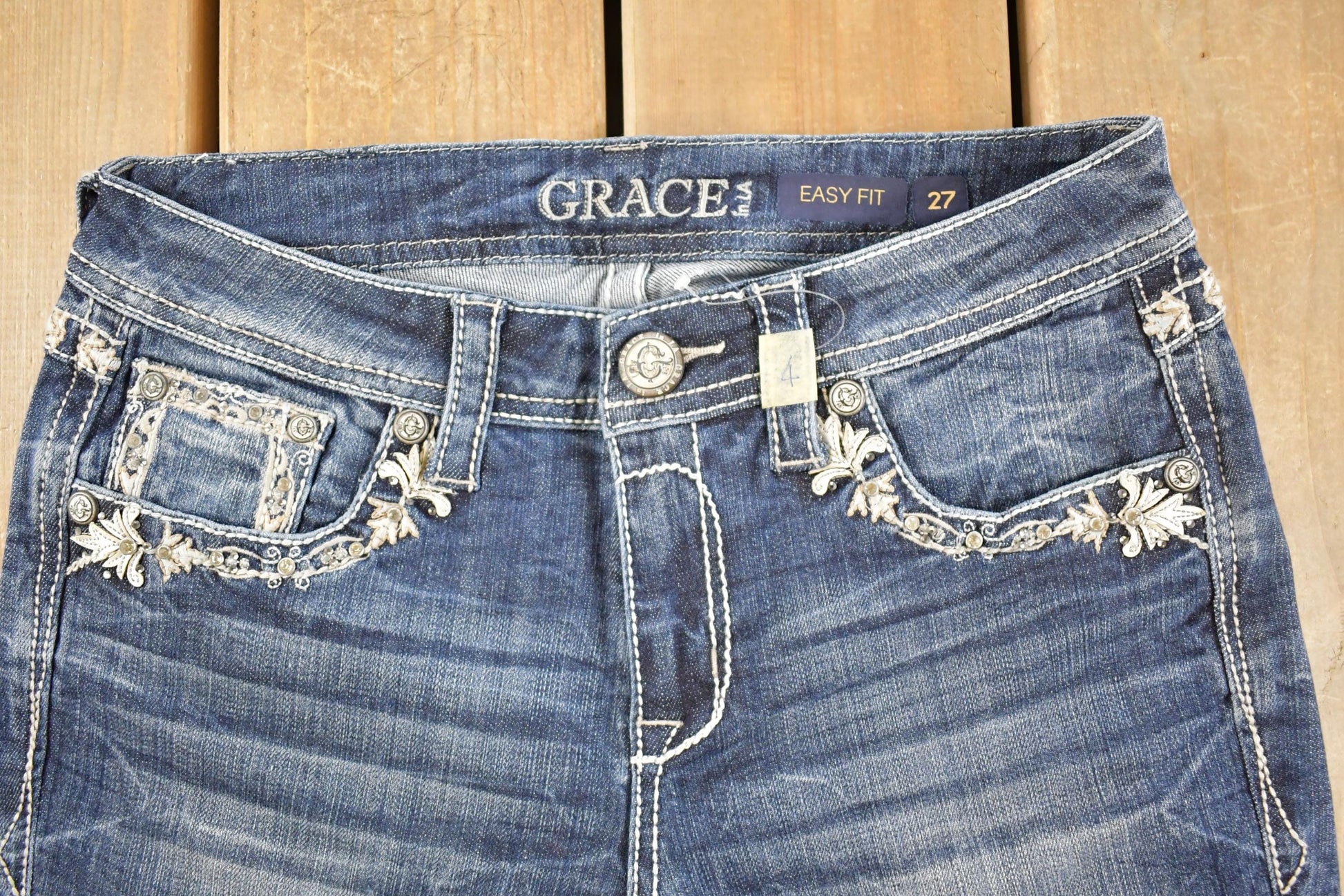 Vintage Deadstock Y2K Grace In LA Bedazzled Low Rise Jeans Women's Size 27 x 32 / Bootcut Jeans / 2000's Embroidered Contrast Stitched Denim