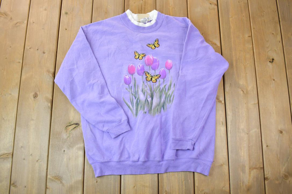 Vintage 1990s Top Stitch By Morning Sun Butterfly And Flowers Cute Double Collar Crew Neck Sweater