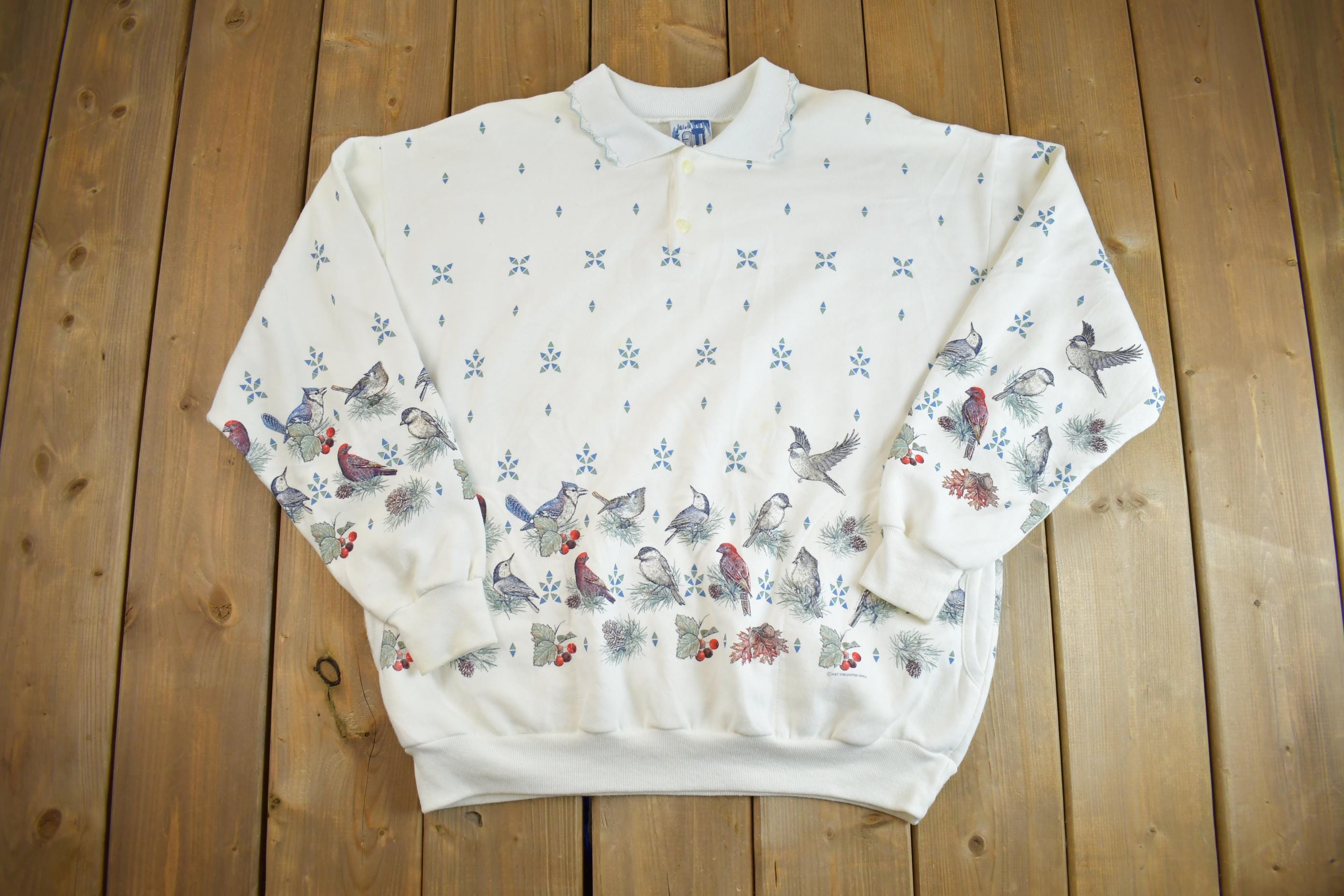 Vintage 1990s Cute Grandma Style Bird Print Crewneck Sweater Made In USA