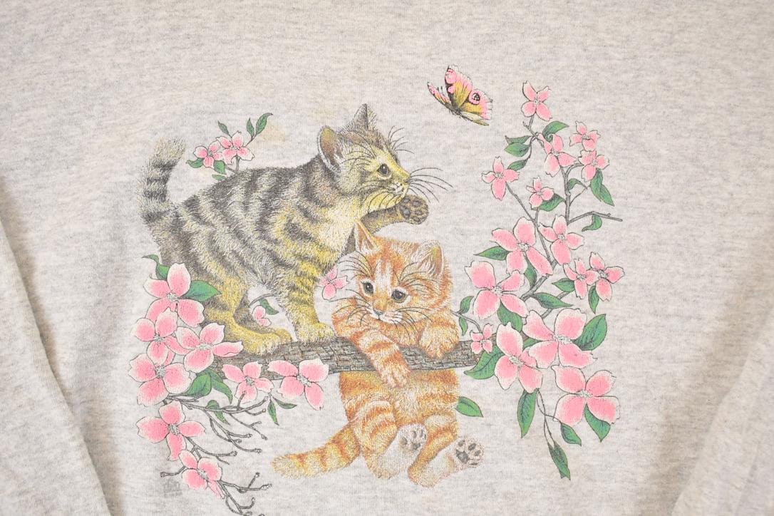 Vintage 1990s Cute Playing Kitty Butterfly Graphic Print Crewneck Sweatshirt Women's XL