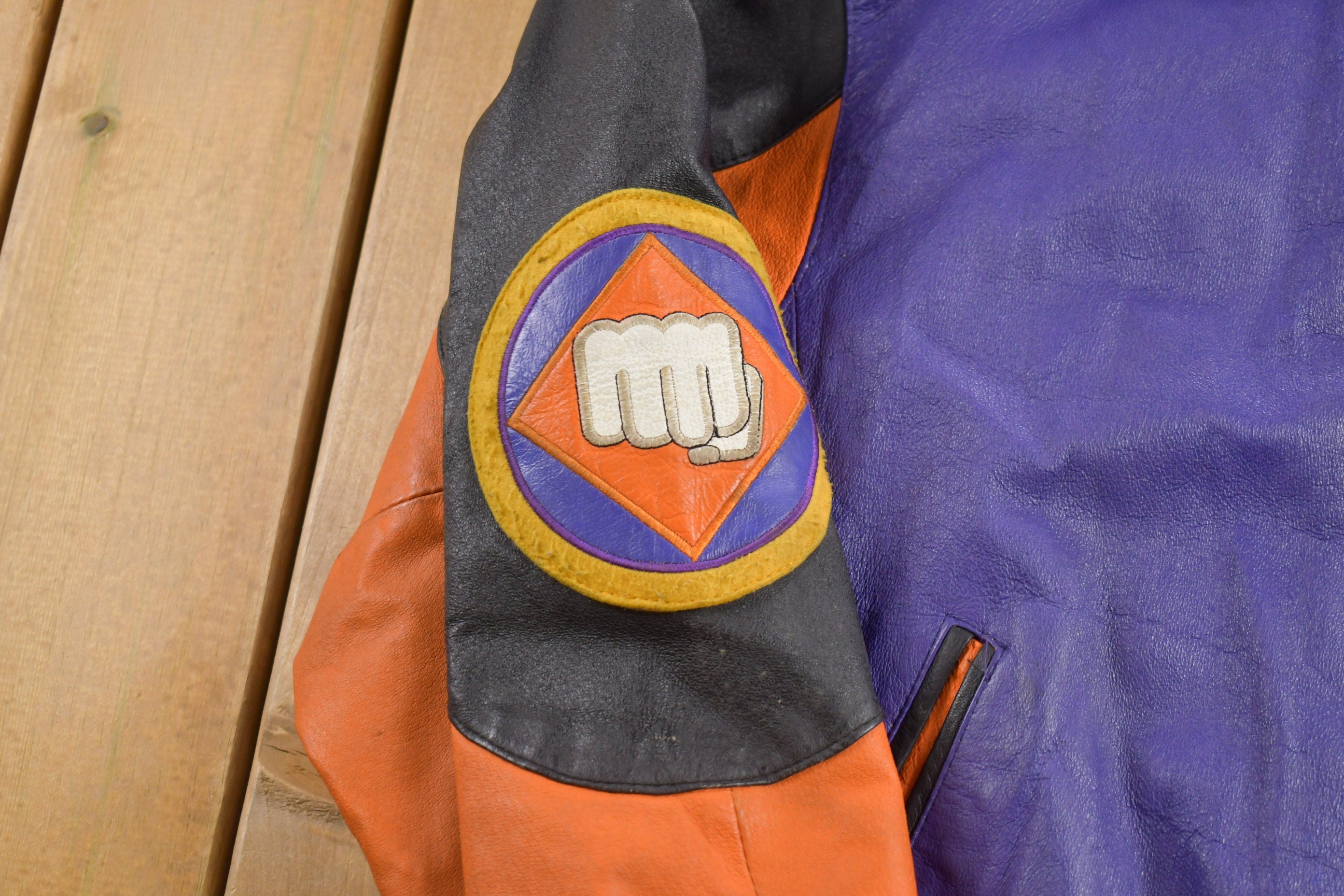 Vintage 1990s Micheal Hoban Martial Arts Patchwork Leather Jacket