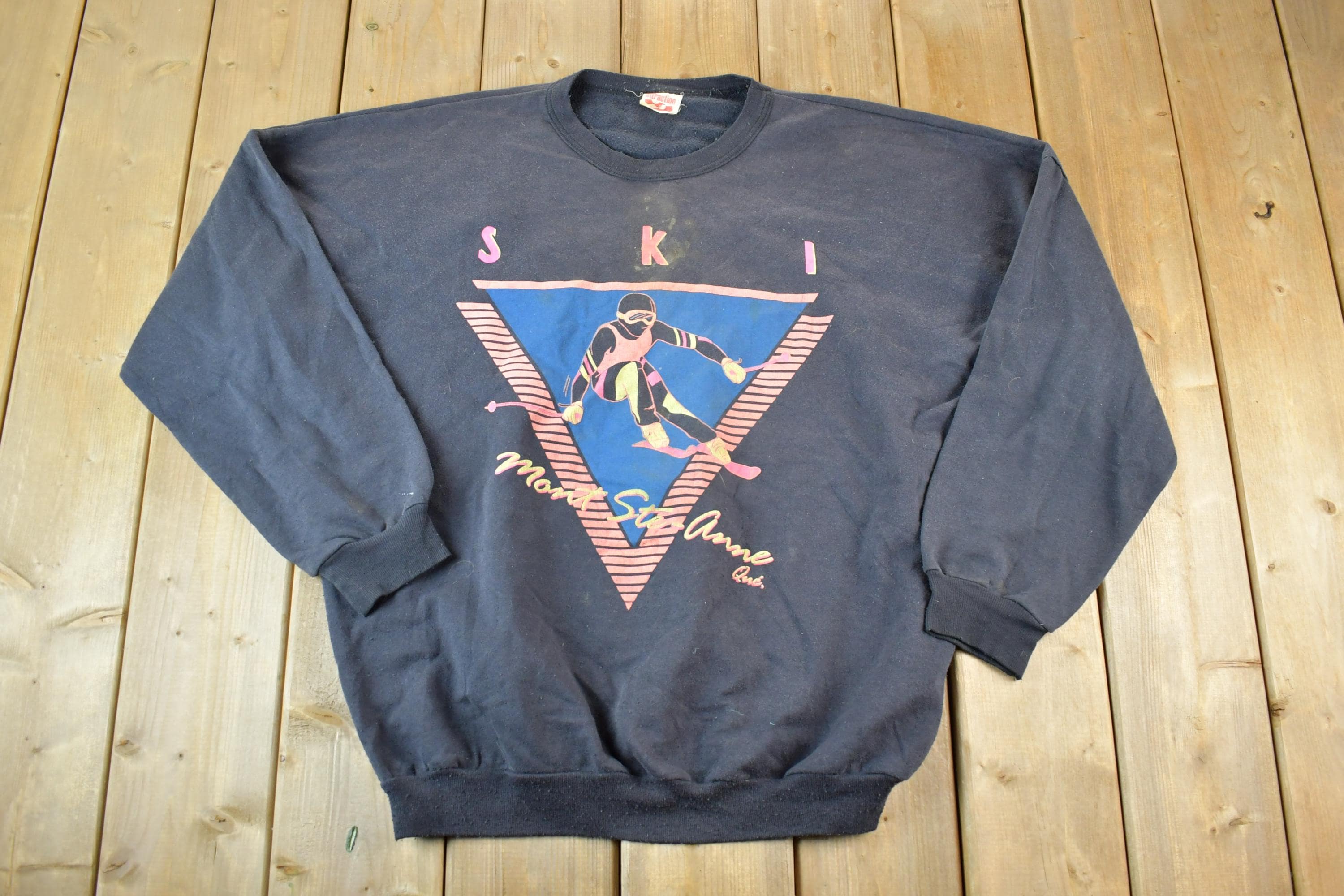 Vintage 1980s Mount St Anne Neon Ski Mountain Souvenir Crewneck Sweatshirt Made In USA