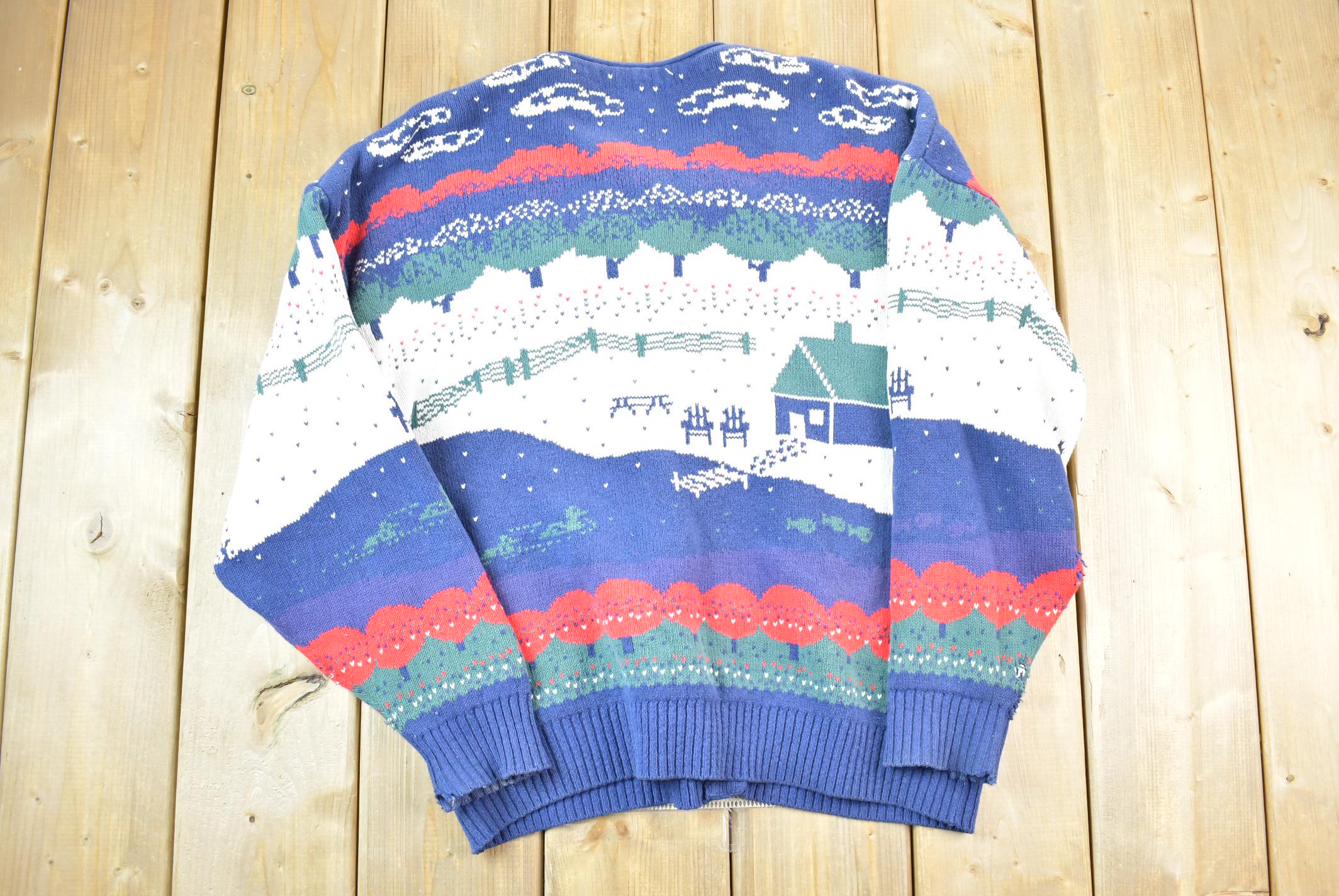 Vintage 1990s Farm House Theme Full Button Down Knit Crewneck Sweater