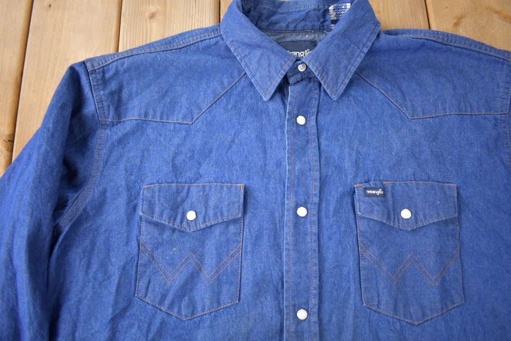 Vintage 1990s Wrangler Denim South Western Style Pearl Snap Button Up Rodeo Shirt Size XXLT