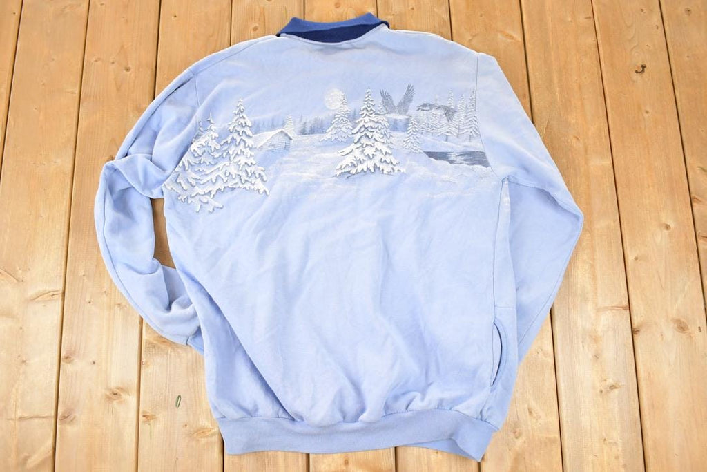 Vintage 1990s Artisans Winter Theme AOP Collared Quarter Button Crewneck Sweatshirt Men's XL