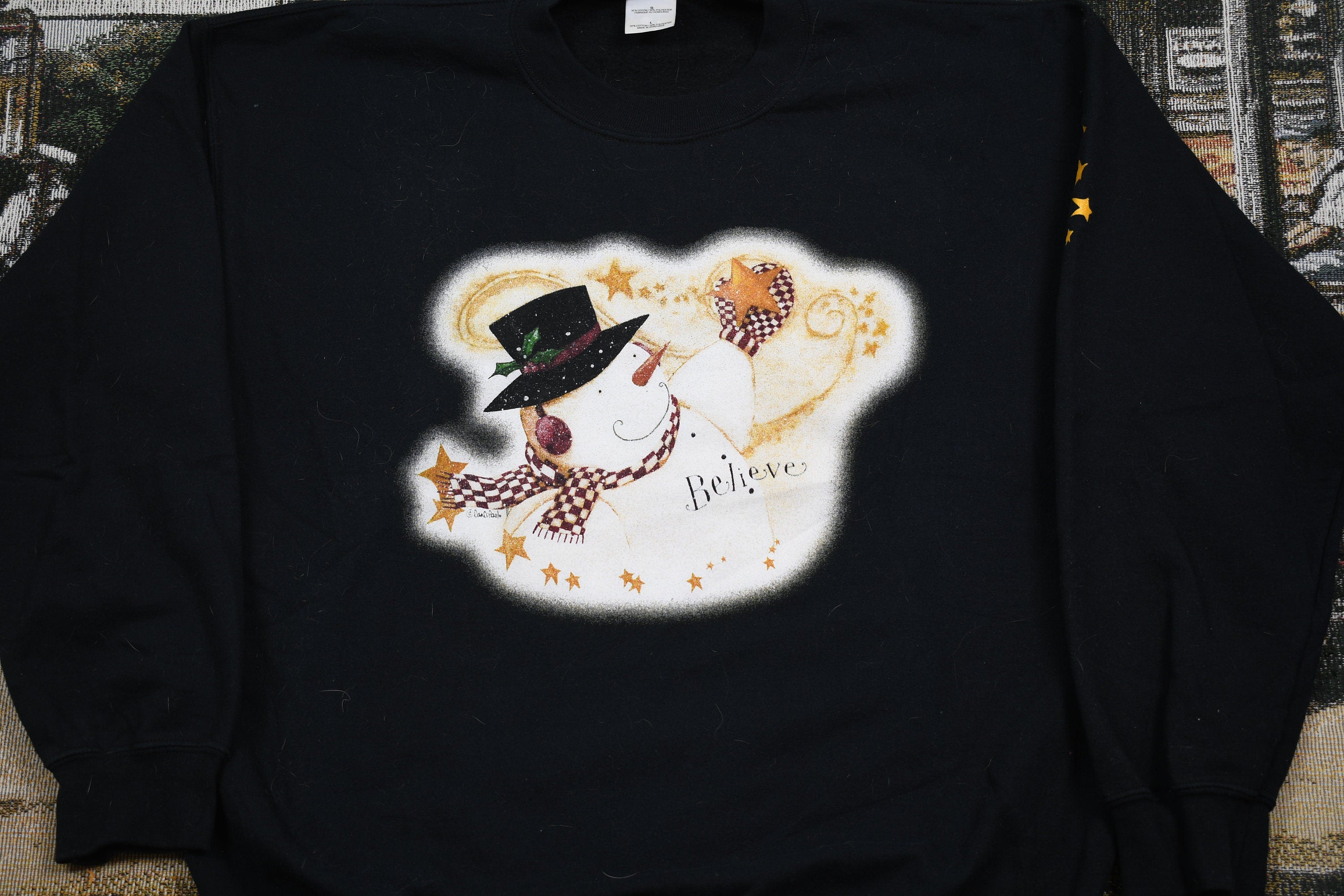 Vintage 1990s Snowman Christmas Graphic Crewneck , Stars Print , Vintage Winter Sweatshirt , Believe Spell Out Print , Holiday Pullover