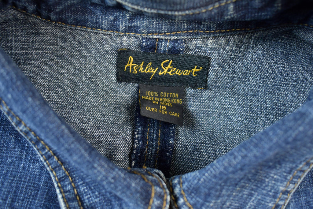 Vintage 1990s Ashley Stewart Leather Tie Sleeve Jean Jacket Made In USA