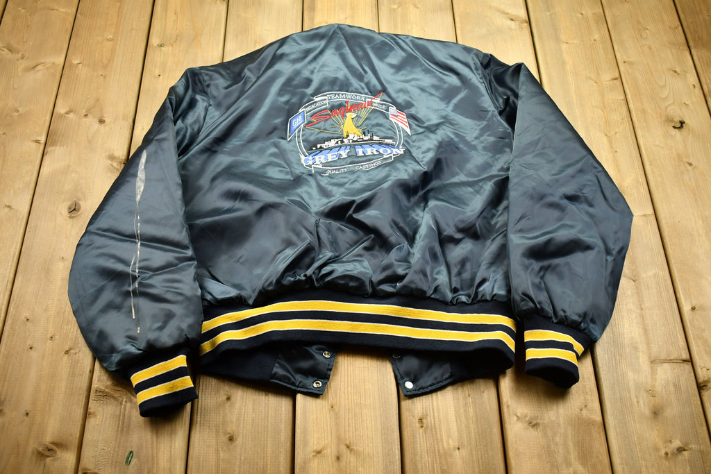 Vintage 1990s Grey Iron Holloway Satin Bomber Jacket